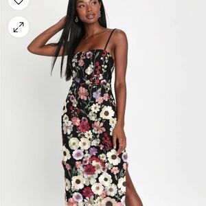 Lulus Thriving Energy Black 3D Floral Embroidered Lace-Up Midi Dress